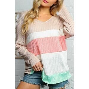 Haptics Small Oversized Taupe and Peach Color Block Ribbed Long Sleeve V Neck
